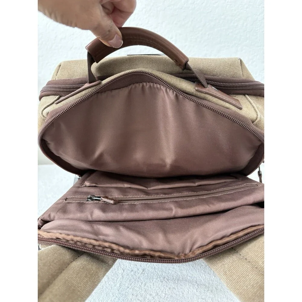 Renwick VTG Canvas Backpack Genuine Brown Leather Trim Multiple Pockets Utility